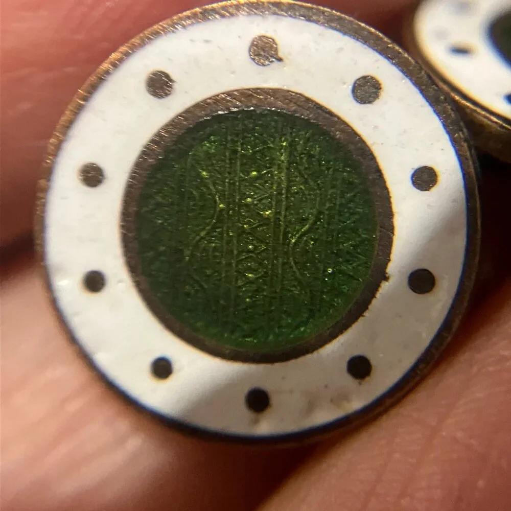 Antique Round White & Green Guilloche Enamel 